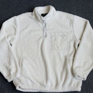 Forever 21 Men’s Large Cream Sherpa Fleece 1/4 Zip Pullover Jacket White Pocket